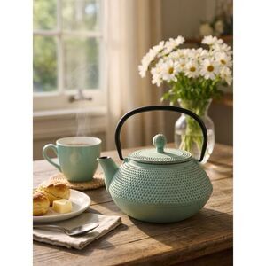 Green Cast Iron Tea Pot & Lid Distressed Patina Dot Texture Asian Rustic Decor